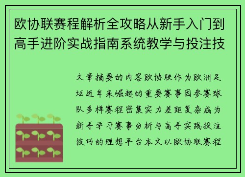 欧协联赛程解析全攻略从新手入门到高手进阶实战指南系统教学与投注技巧